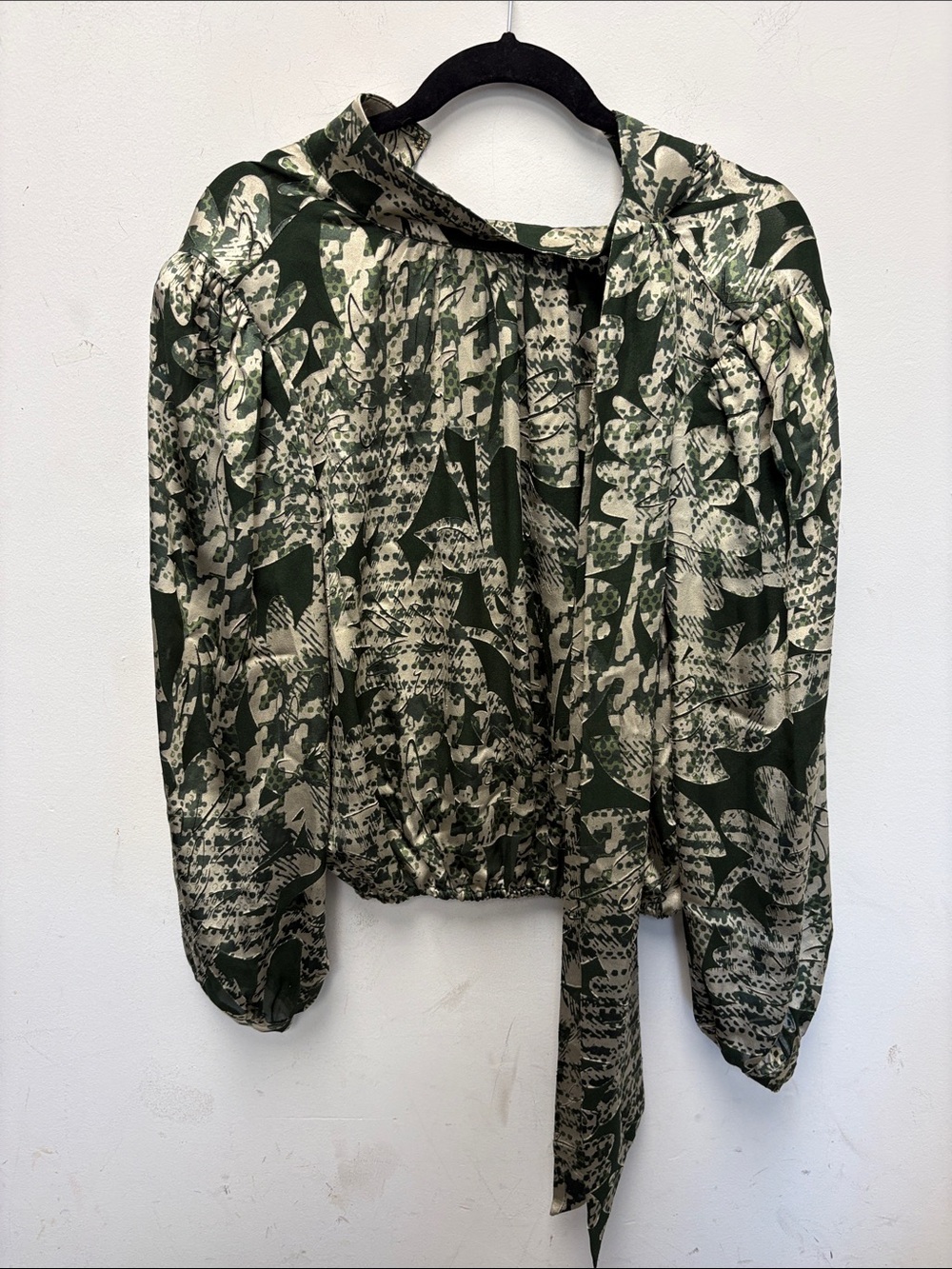 Ramy Brook Green and Cream Tie-Neck Printed Blouse